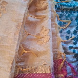 Beige Cotton Silk Saree with pink Border