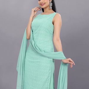 Sleeveless Green Embroidered Kurta Three Pis Set