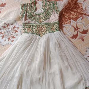 Off White Anarkali Kurta With Green Border