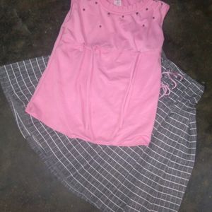 Pink Top With Gray Skirt