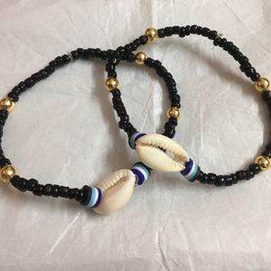 EVIL EYE FEMO BEAD& Shell Charm Anklets Pair