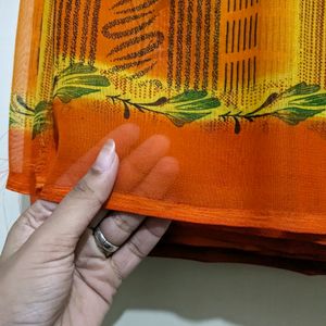 Orange Flower Print Saree