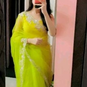 Beautiful Lime Color Saree With Not Used