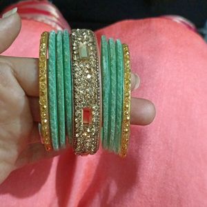 New Light Green Bangles Set With Golden Kadas