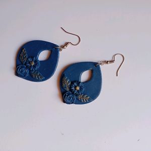 Blue And Golden Porcelain Clay Floral Earrings