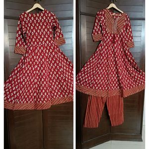 Women Anarkali Gota Pronted Cotton Red Suit Set