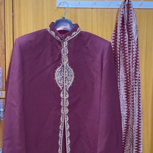 Men Maroon Sherwani With Pyjama & Dupatta