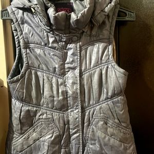 Grey Shiny Puffer Vest Half Jacket With Hoodie