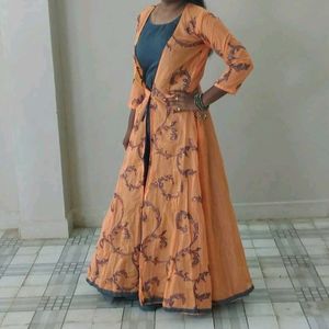 Long Ethnic Gown With Grey Gow & Orange Jacket