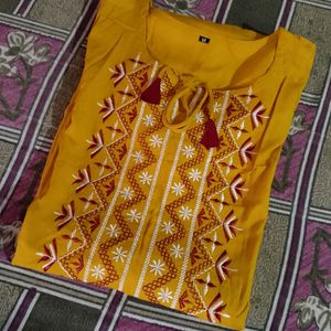 Mustard Kurti Neck embroidery Design