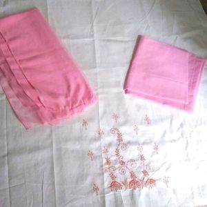 3 piece cotton embroidery pink&white suit(unstitcd