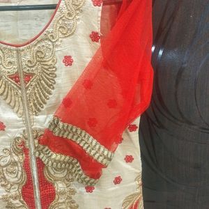 Heavy Embroidered Cream And Red Kurti For Girls