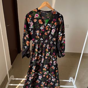 Floral Print Maxi Dress with Flared Sleeves & Lace