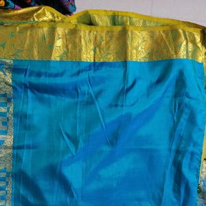 Blue And Green Pure Kanchipuram Silk Saree