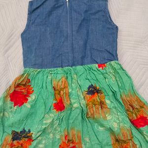 Denim and Floral Printed Frock