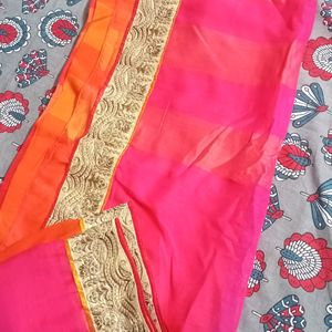 Rose Pink And Orange Saree Without Blouse