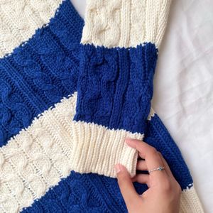 White & Blue Cable Knitted Sweater