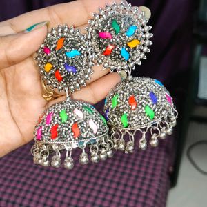 Silver Jhumka With Multi Colour Stone