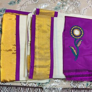 Onam Special Cream And Golden Purple 💜mundu Set