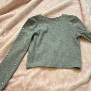 Grey Cardigan With Faux Pearl Embellishments