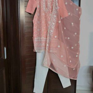 Women Net Thread Embroidered Pink Suit Set