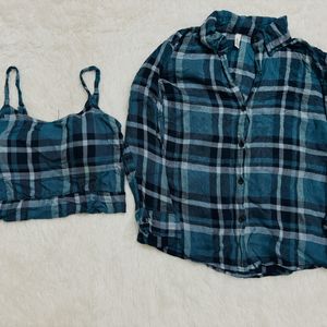 Blue Checks Shirt And Crop Top Combo