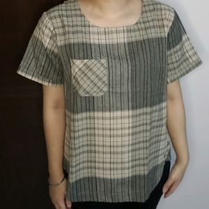 Women Beige Grey Checks Regular Fit Top