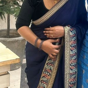 Pretty Navy Blue Plain Saree With Border