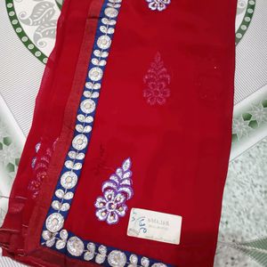 Red ♥️ Fully Worked Saree With Unstitched Blouse