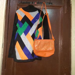 Buy Women Vibrant Multi Winter Sweater And Bag Fre