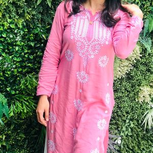 Pink Embroidered Mid Length Kurti