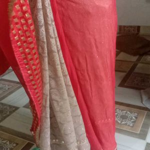 Red And Cream Colour Mirror Work Saree