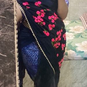 Black Floral Net Saree