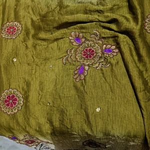 Embroidered Saree In Olive Green