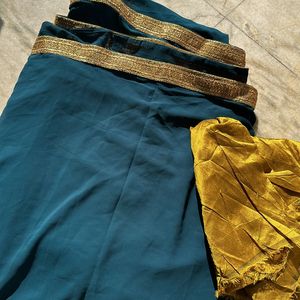 Teal Saree With Unstitched Blouse