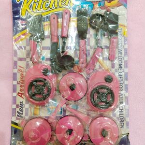 Kitchen Set Pink Black For Kids Pretend Play Toy