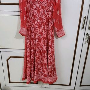 Beautiful Chikan Anarkali Rust Red Kurta