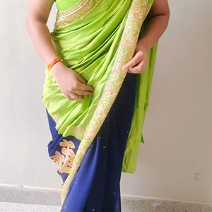 Party Wear Saree Combination Of Green & Navy Blue