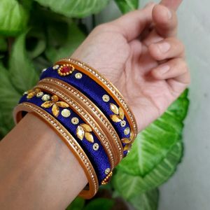 Golden And Blue Designer Silk Thread Bangles Set