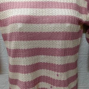 Pink And White Striped Woolen Top