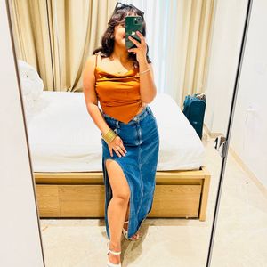 NEWME DENIM SLIT LONG SKIRT