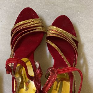 Red N Golden Ethnic Heels