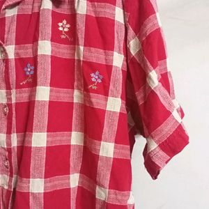 Red Check Cotton Shirt With Embroidery