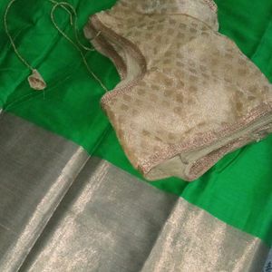 Parrot Green Cotton Silk Saree