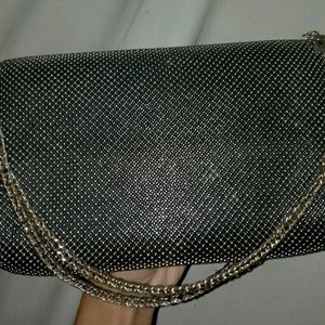 Silver Shimmery Side Bag With Gold Chain