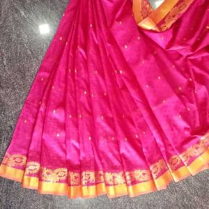 Wonderful And Lovely Pink Saree With Golden Border