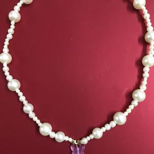 Pearl Bead W Butterfly&Teardrop Pendant Necklace