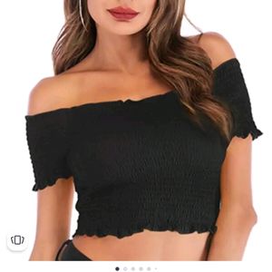 Black Off Shoulder Smoked Bardot Crop Top