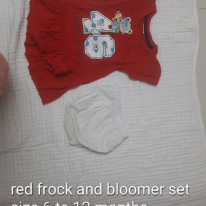 Cute Red Cotton Frock And Bloomer Set