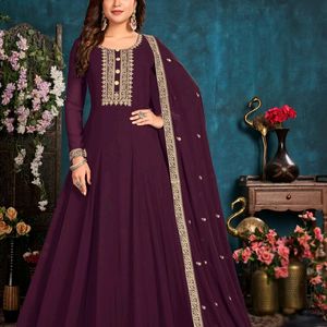 Long Purple Frill Dress Without Dupatta & Pant